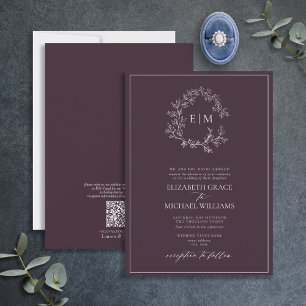 QR Code Formal Plum Purple Leafy Crest Monogram Invitation