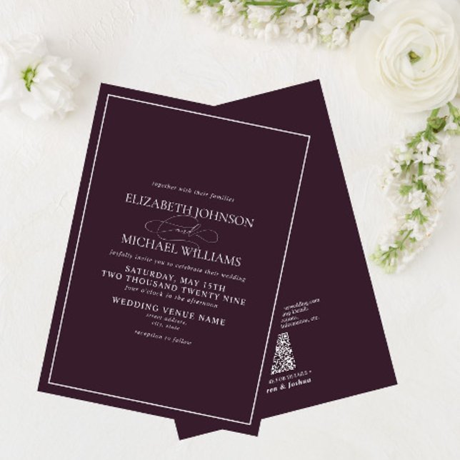 QR Code Formal Purple Classic Script Wedding Invitation (Creator Uploaded)