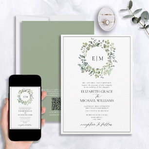 QR Code Formal Sage Green Eucalyptus Monogram Invitation