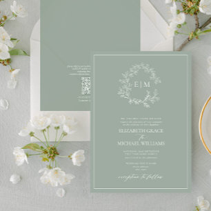 QR Code Formal Sage Green Leafy Crest Monogram Invitation