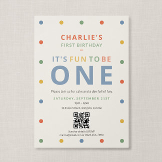 QR Code Fun To Be One Soft Colourful First Birthda Invitation