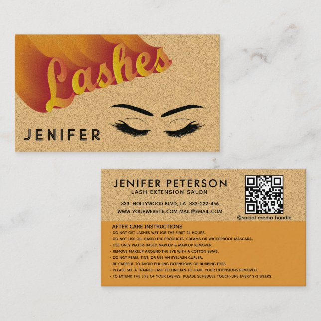 QR code Funky retro pastel lashes after care Business Card (Front/Back)