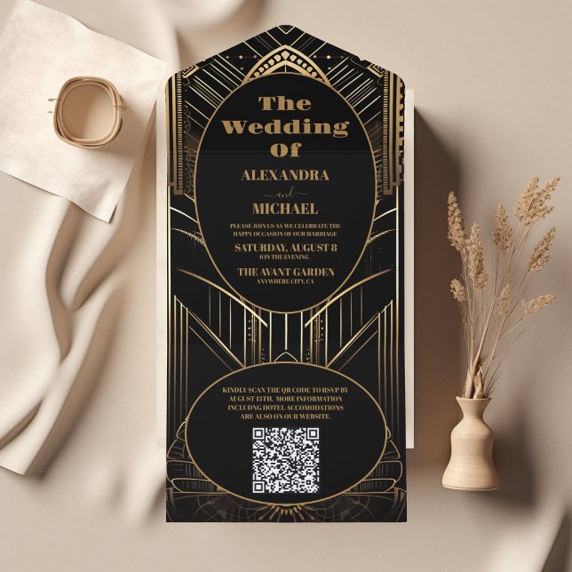 QR Code Geometric Art Deco Wedding All In One Invitation (Creator Uploaded)