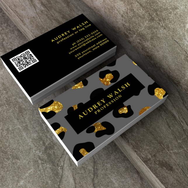 QR CODE Glam Glitter Gold Grey Leopard print Luxe Business Card (Creator Uploaded)