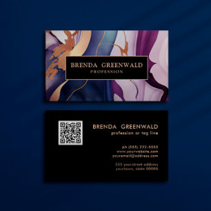 QR CODE Glam Liquid Marble Blue Purple Gold Business Card
