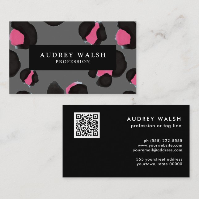 QR CODE Glam Pink Black  GRAY Leopard print   Business Card (Front/Back)