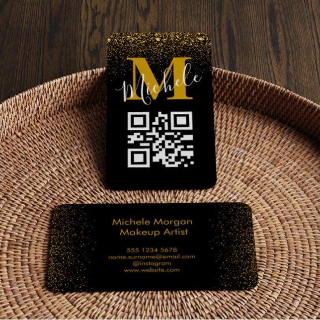 QR code Gold Black Monogram Golden Glitter Sparkle Business Card (Creator Uploaded)
