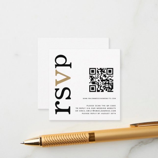 QR Code Gold Black Text White Wedding Online RSVP Enclosure Card (Front/Back In Situ)