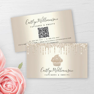 QR Code Gold Cupcake Bakery Pastry Glitter Drips Business Card