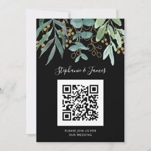 QR Code Gold Eucalyptus Black Wedding Invitation