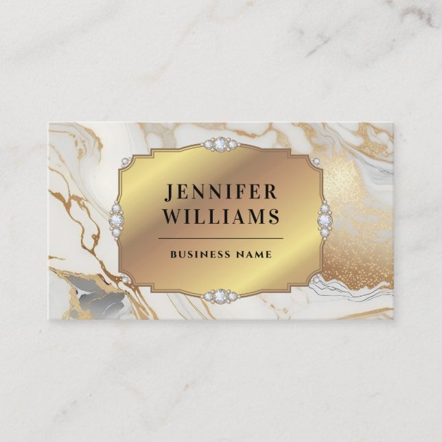 QR Code Gold Frame Elegant White Marble Modern Business Card (Front)