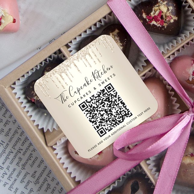 QR Code Gold Glitter Drips Business Name Modern Square Sticker (Creator Uploaded)