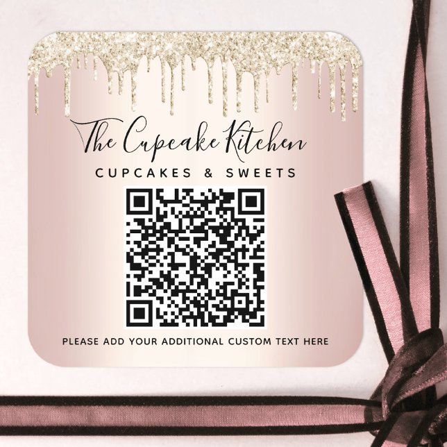 QR Code Gold Glitter Drips Pink Rose Business Name Square Sticker (Creator Uploaded)