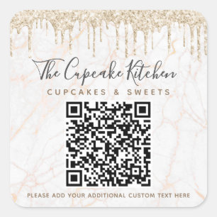 QR Code Gold Glitter Marble Drips Business Name Square Sticker