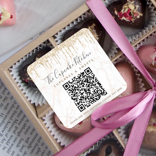 QR Code Gold Glitter Marble Drips Business Name Square Sticker (Creator Uploaded)