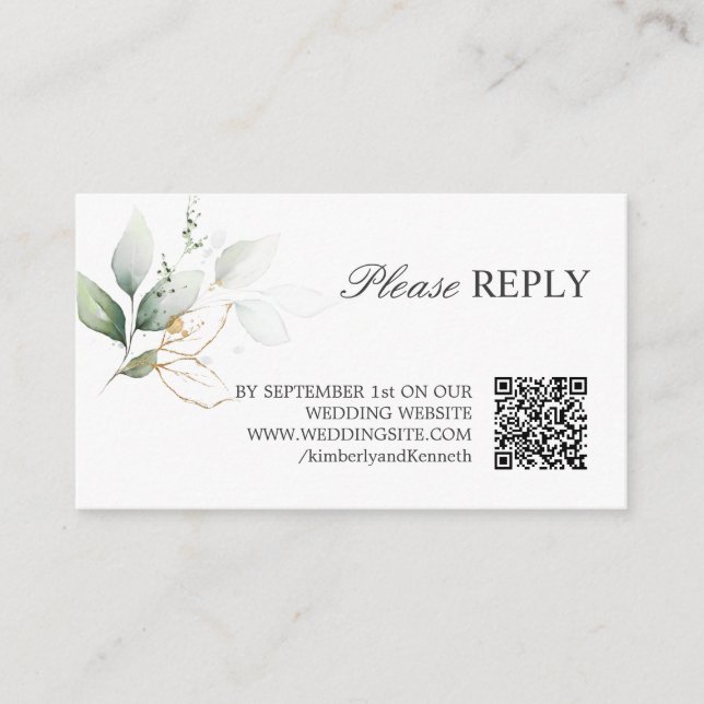 QR CODE Gold Green RSVP Reply Wedding Enclosure Card (Front)