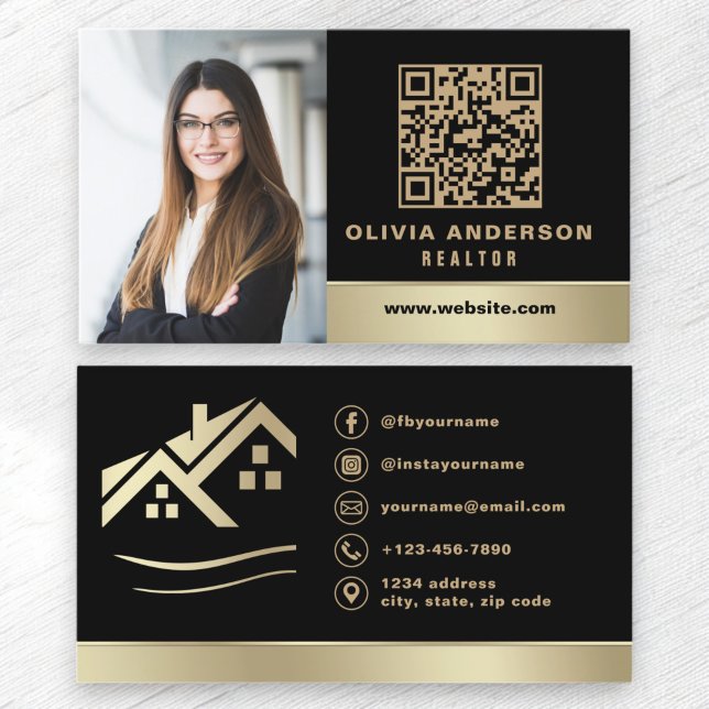 QR Code Gold House Black Real Estate Realtor Business Card (Creator Uploaded)