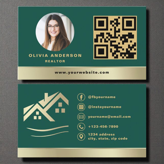 QR Code Gold House Green Real Estate Realtor Business Card (Creator Uploaded)