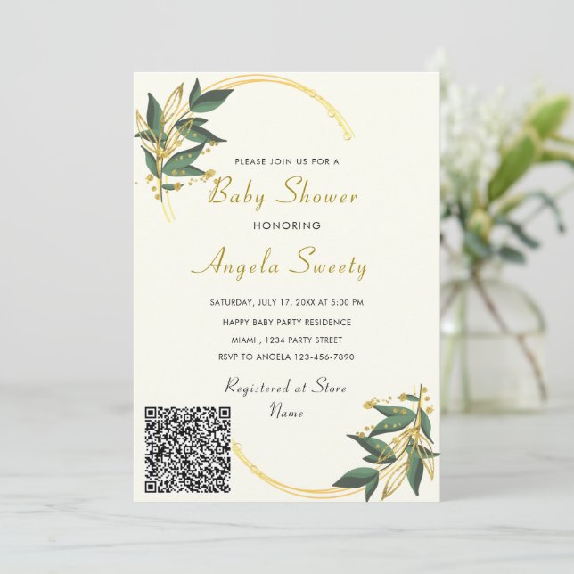 QR Code Gold Leaves Baby Shower Invitation (Standing Front)