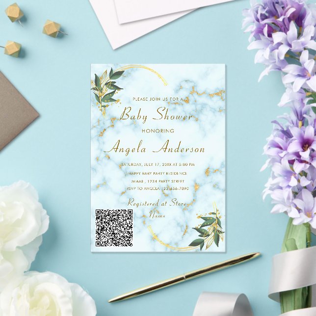 QR Code Gold Marble Acrylic Baby Shower Invitation (Insitu (Wedding))