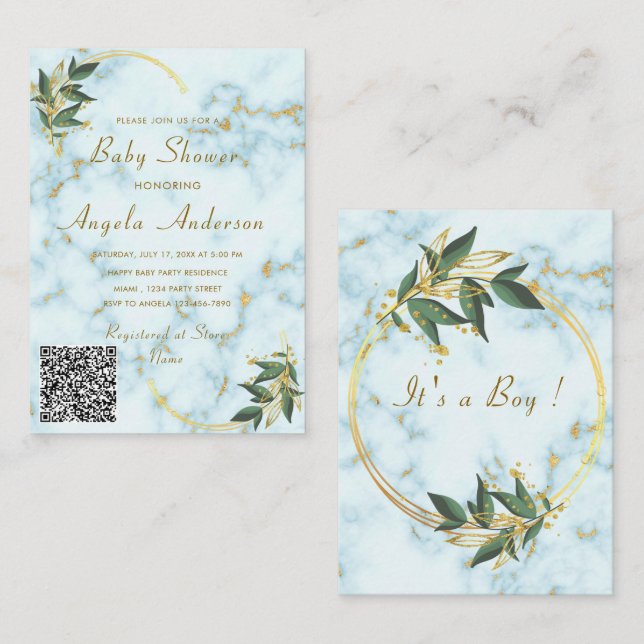 QR Code Gold Marble Baby Boy Shower Invitation (Front/Back)