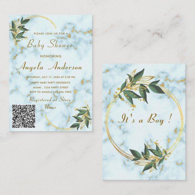 QR Code Gold Marble Baby Boy Shower Invitation (Front/Back)