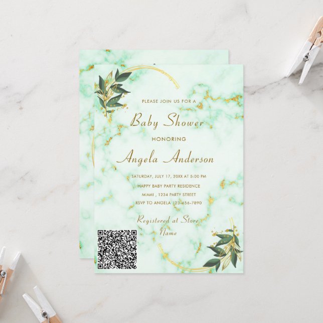 QR Code Gold Marble Baby Girl Shower Invitation (Front/Back In Situ)