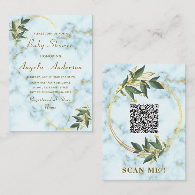 QR Code Gold Marble Baby Shower Invitations (Front/Back)