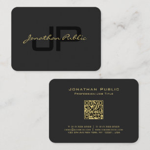 QR Code Gold Script Text Elegant Black Mighty Business Card