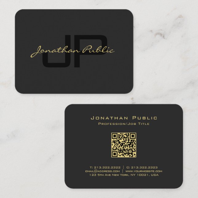 QR Code Gold Script Text Elegant Black Mighty Business Card (Front/Back)