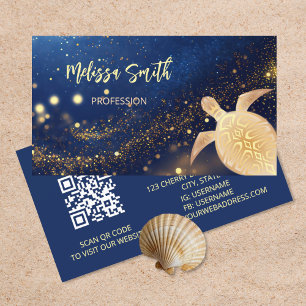 QR Code   Gold Tribal Turtle Blue Business Card