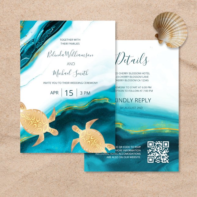 QR Code | Gold Turtles Teal Ink Agate Wedding   Invitation (Creator Uploaded)