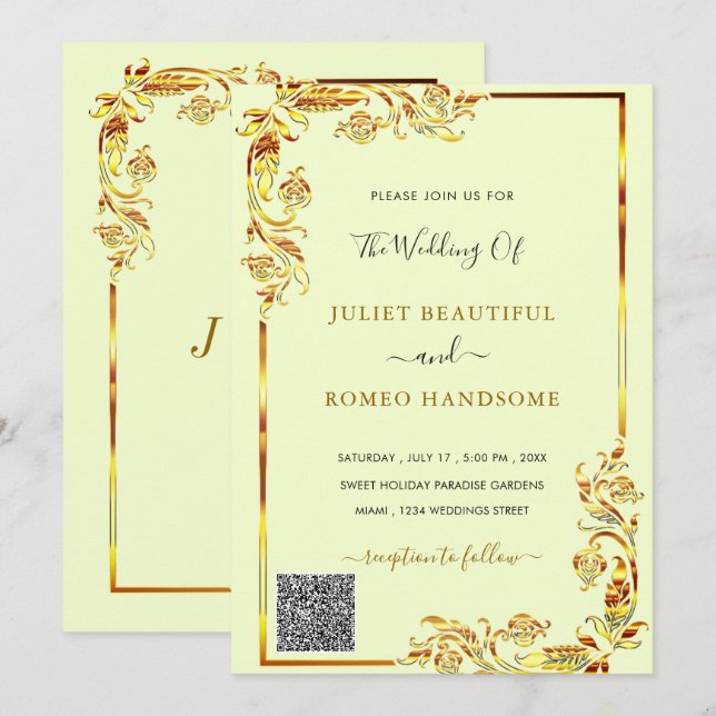 QR Code Golden Floral Gold Font Wedding Invitation (Front/Back)