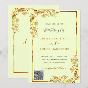 QR Code Golden Floral Gold Font Wedding Invitation