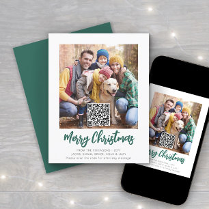 QR Code Green Brushed Script Merry Christmas Photo Holiday Card