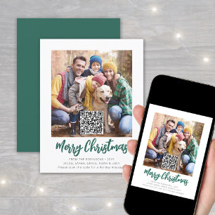 QR Code Green Brushed Script Merry Christmas Photo Holiday Card