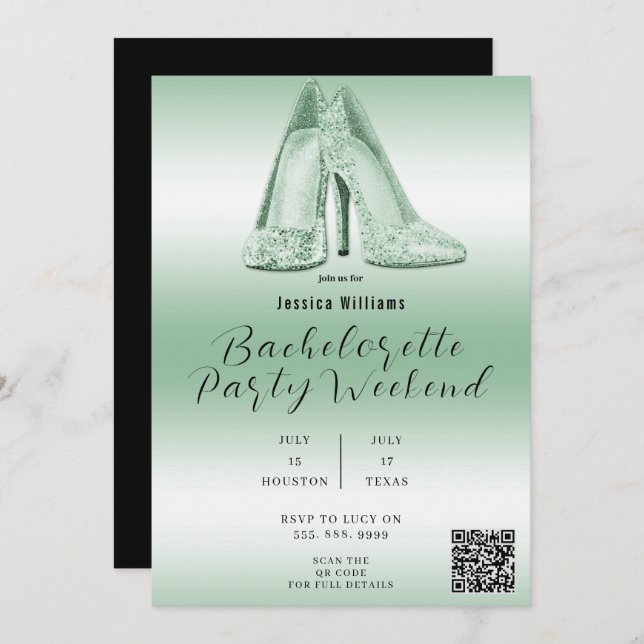 QR CODE Green Glitter Shoes Bachelorette Invitation (Front/Back)
