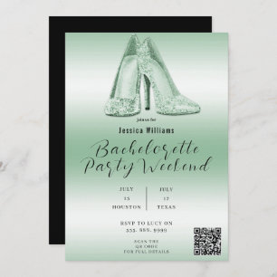 QR CODE Green Glitter Shoes Bachelorette Invitation