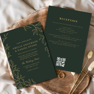 QR Code Green Gold Minimal Leaf Wedding  Invitation
