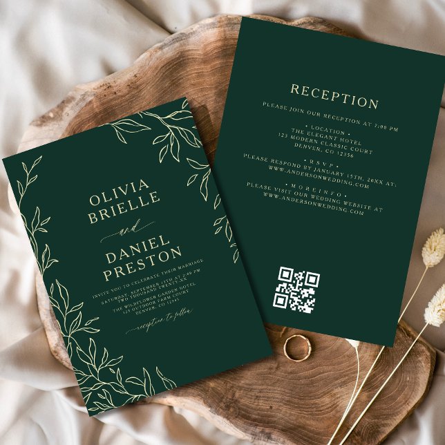 QR Code Green Gold Minimal Leaf Wedding  Invitation (Creator Uploaded)