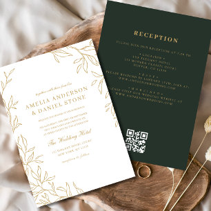 QR Code Green Gold Minimal Leaf Wedding Invitation