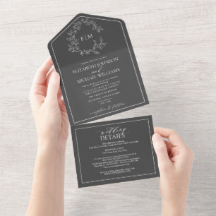 QR Code Grey Leafy Crest Monogram Wedding All In One Invitation