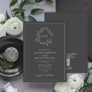 QR Code Grey Leafy Crest Monogram Wedding Invitation