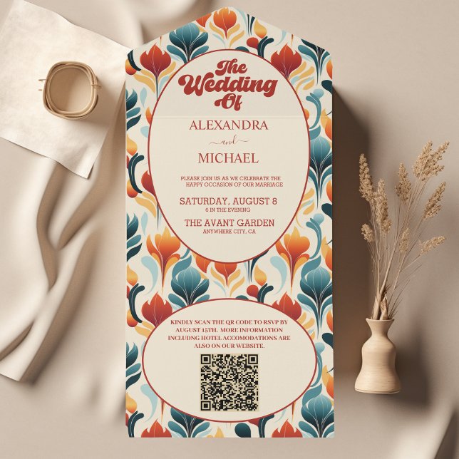 QR Code Groovy Retro 70s Floral Wedding All In One Invitation (Creator Uploaded)