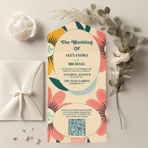 QR Code Groovy Retro Pink & Gold Wedding All In One Invitation