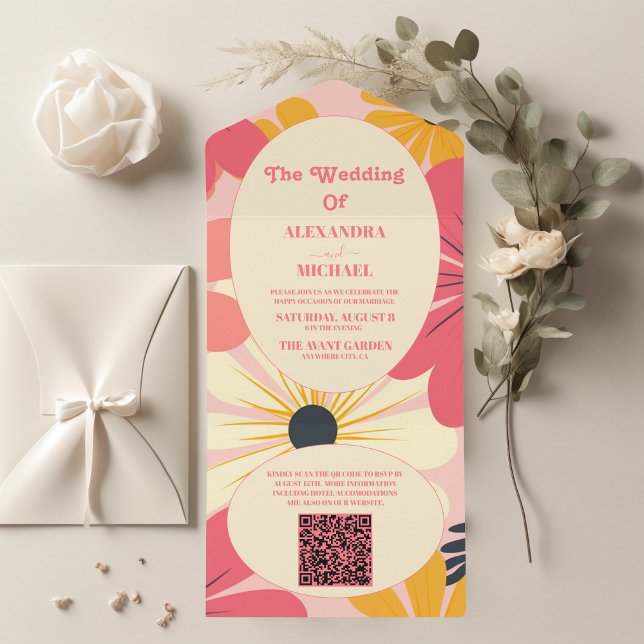 QR Code Groovy Retro Pink & Gold Wedding All In One Invitation (Creator Uploaded)