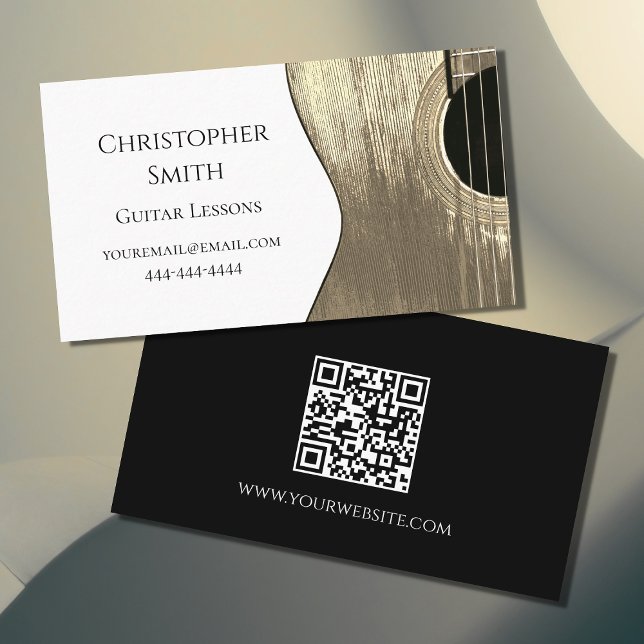 QR code Guitar Music Lessons Beige Black Business Card (Creator Uploaded)