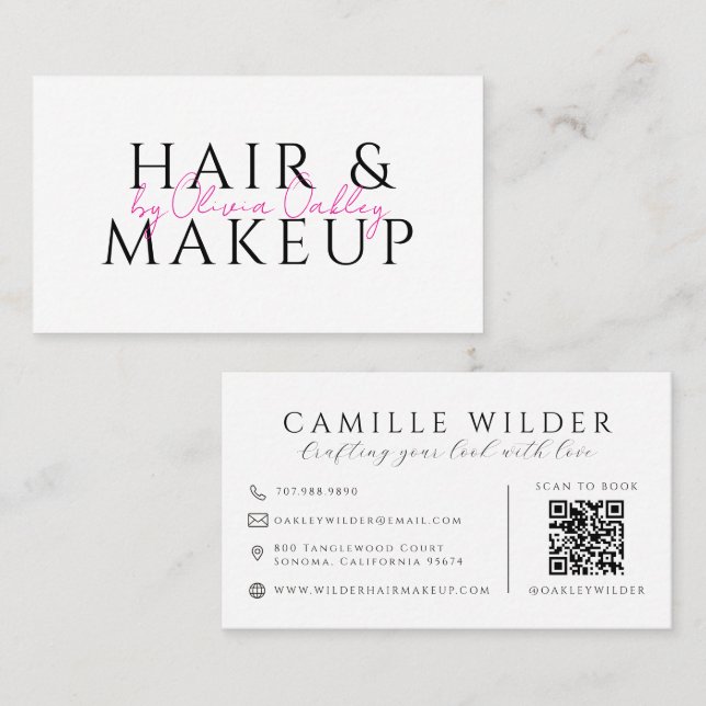 QR Code Hair And Makeup Blush Pink Script Name Business Card (Front/Back)