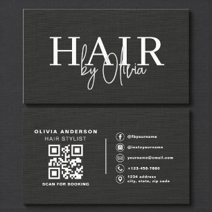 QR Code Hair Stylist Black Linen Typography Business Card