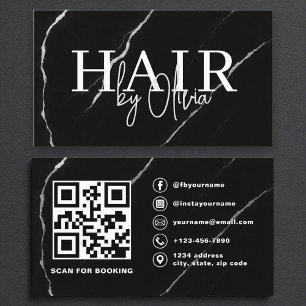 QR Code Hair Stylist Silver Black Marble Business Card